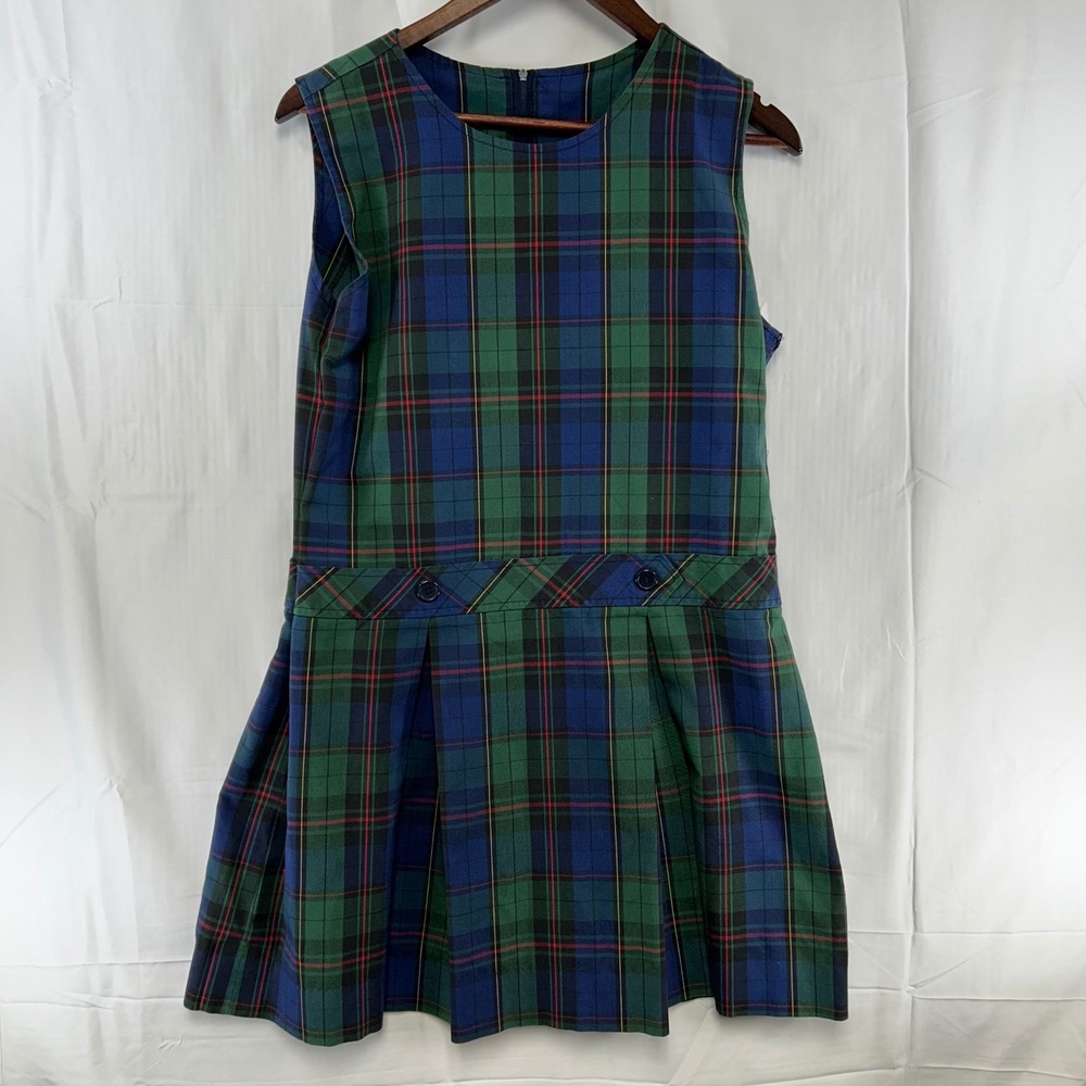 Parker Jumper Dress Girls 14.5 Green Blue Plaid Pleated Sleeveless Jumper USA